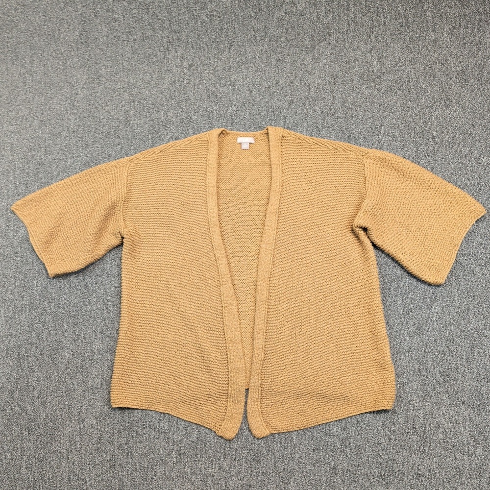 J. Jill Minimalist Open Front Cardigan M Tan Textured Knit Wide Sleeve Boxy Boho